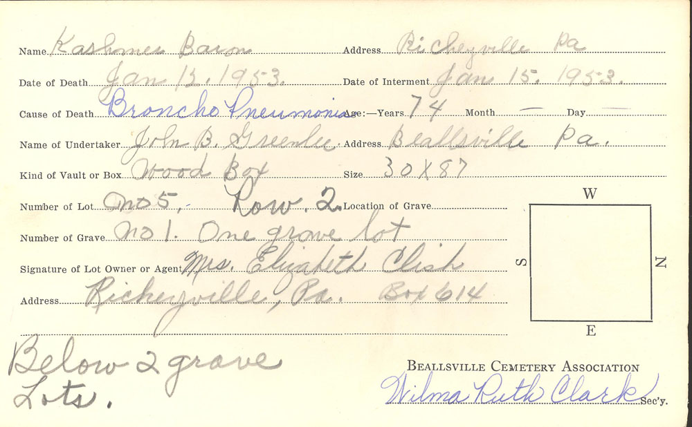 Kashmer Baron burial card